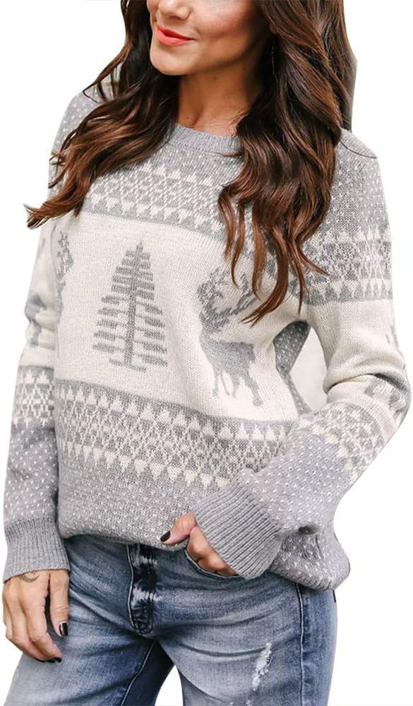 EXLURA Patterns Reindeer Ugly Christmas Crew Neck Long Sleeve Sweater Jumper Pullover Knitted Pri... | Amazon (US)