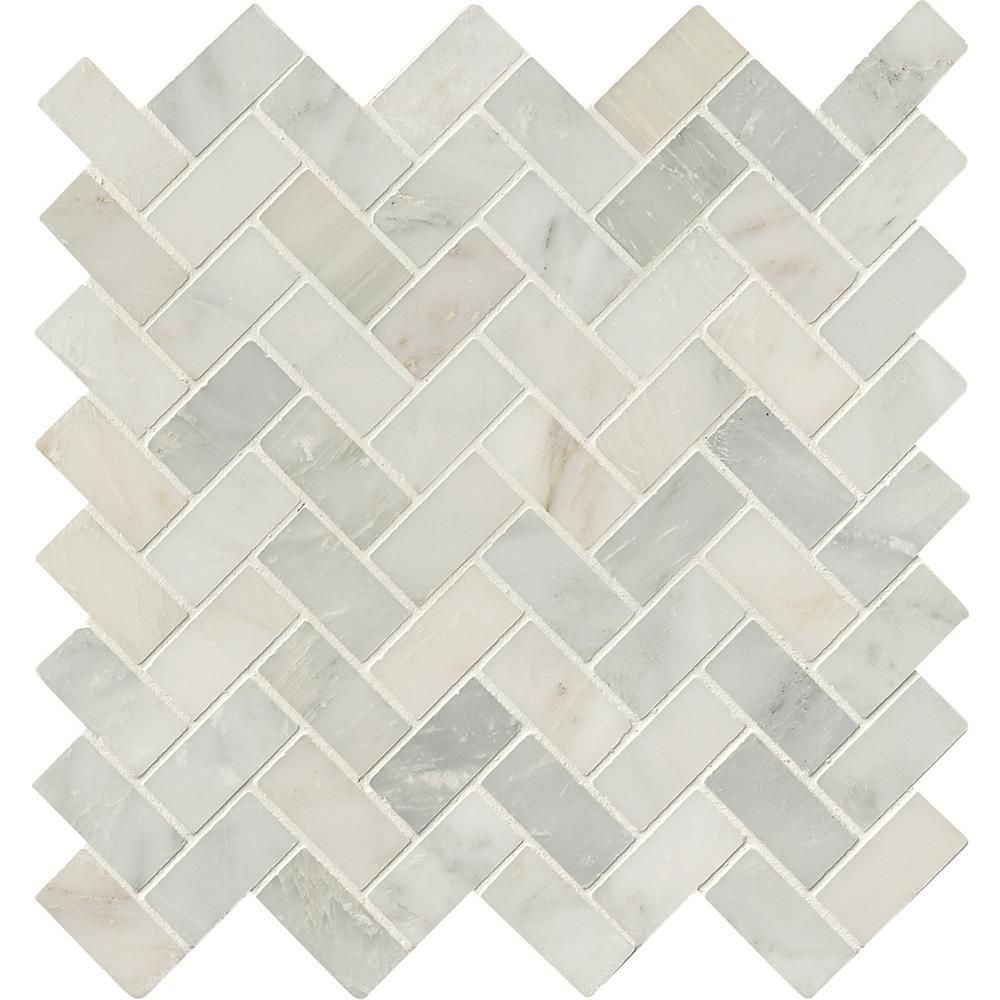 Arabescato Carrara Herringbone Pattern 12 in. x 12 in. x 10 mm Honed Marble Mesh-Mounted Mosaic T... | The Home Depot