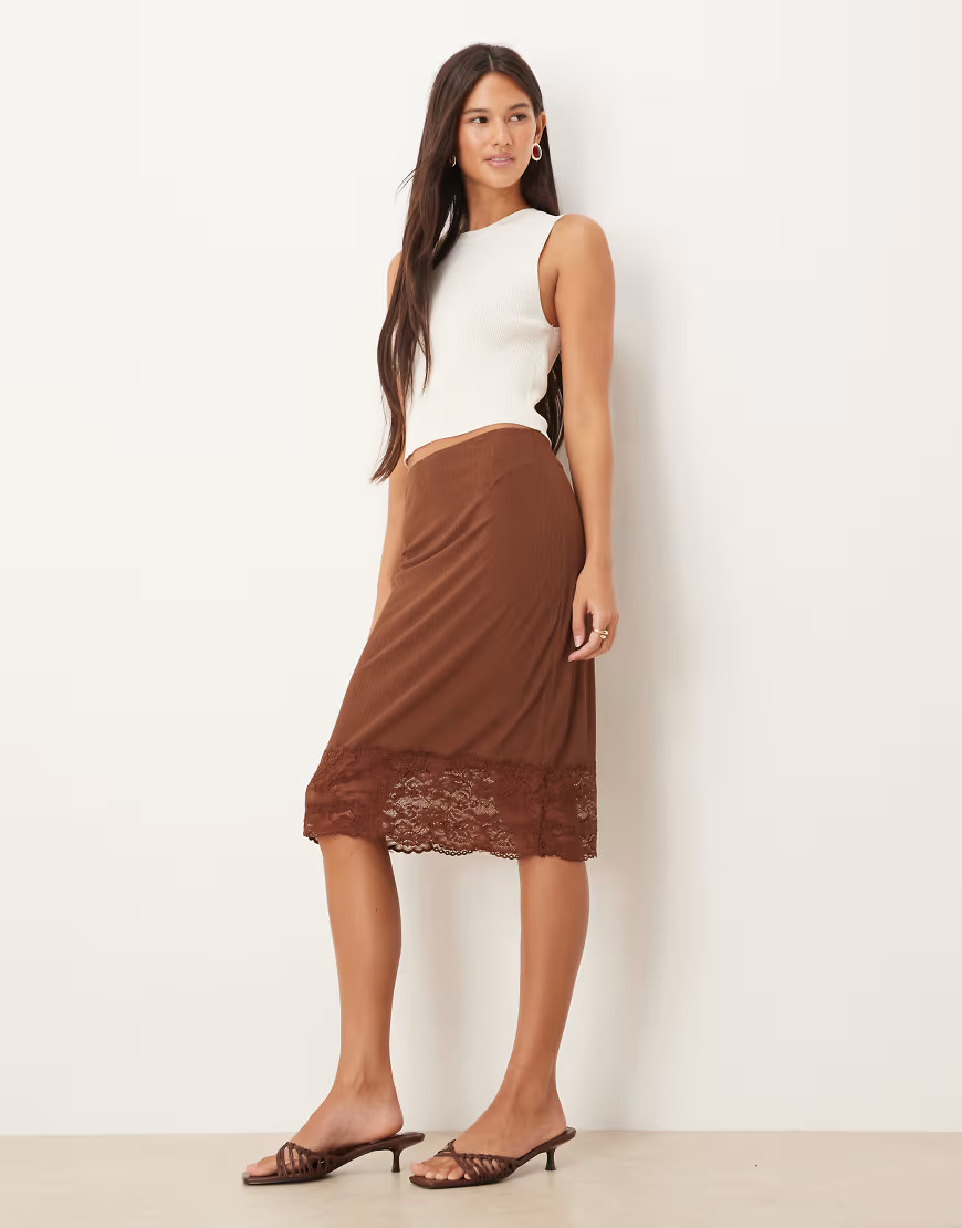 ASOS DESIGN awkward length gauzy sheer rib skirt with lace trim in brown | ASOS (Global)