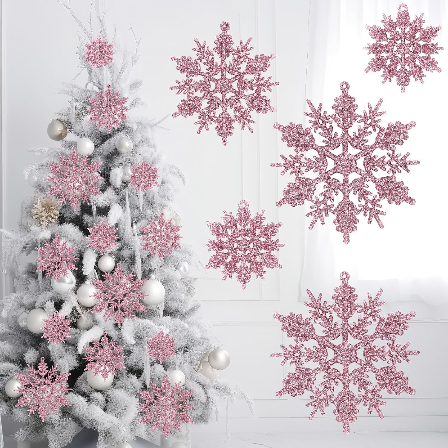 Whaline 36Pcs Winter Snowflake Ornaments Pink Snowflake Hanging Decor Pink Christmas Ornaments Plastic Glitter Crafts for Winter New Year Xmas Tree Party Home Decor | Amazon (US)