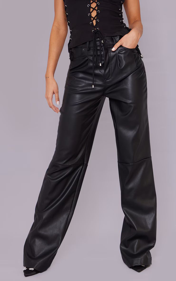 Black Faux Leather Pleat Detail Wide Leg Pants | PrettyLittleThing US