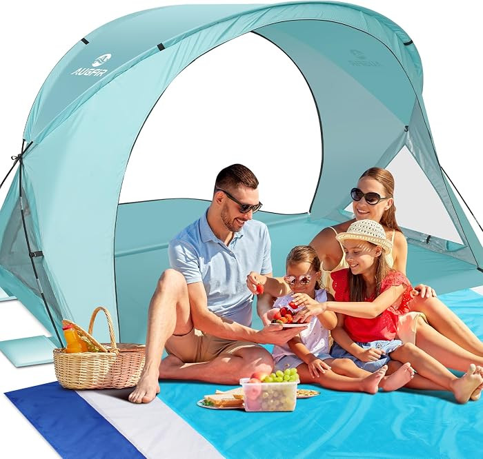Beach Tent Sun Shelter, Beach Tent with Beach Mat Set, 4 Person Portable Beach Shade Canopy with ... | Amazon (US)