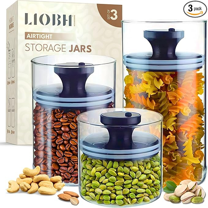 SET OF 3 Glass Storage Jars with Airtight Lids - Kitchen Storage Containers - Preserve Food Fresh... | Amazon (US)