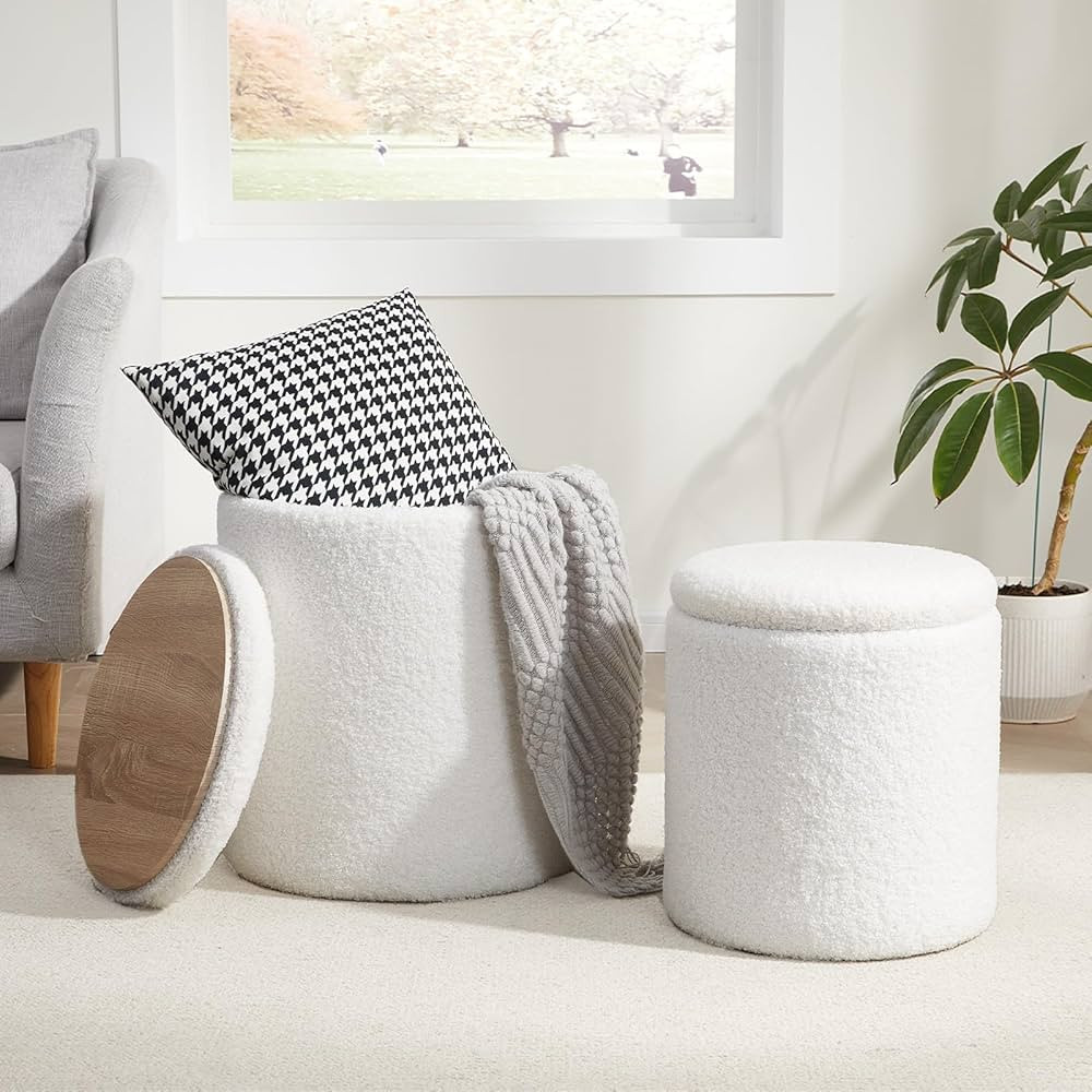 Boucle Round Ottoman with Storage Set of 2,Small Foot Stool Ottoman for Living Room, Ottoman Coff... | Amazon (US)