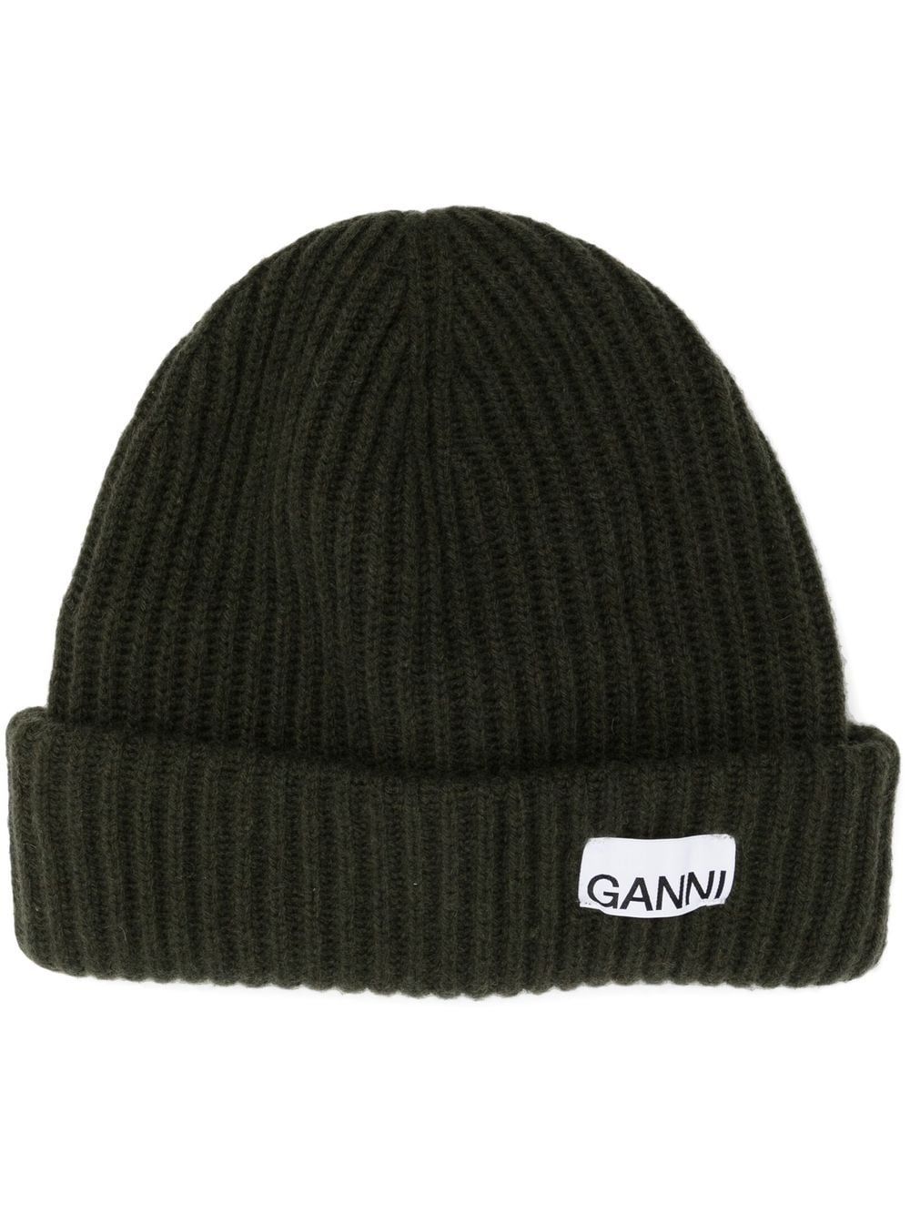 GANNI logo-patch ribbed-knit Beanie - Farfetch | Farfetch Global