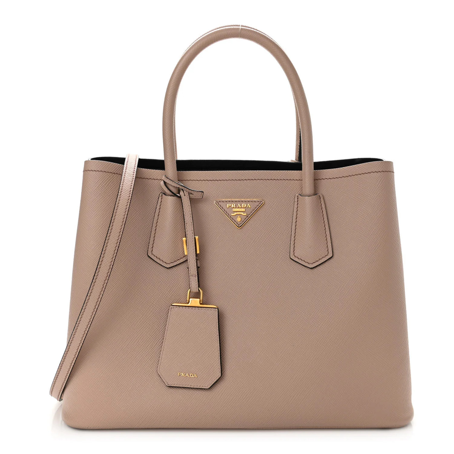 PRADA Saffiano Cuir Medium Double Bag Cammeo Black | FASHIONPHILE | Fashionphile