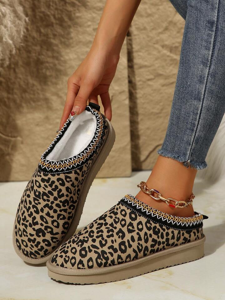 Women's Leopard Fleece Lined Warm Winter Shoes Winter New Fashionable Round Toe Non-Slip Half Sli... | SHEIN