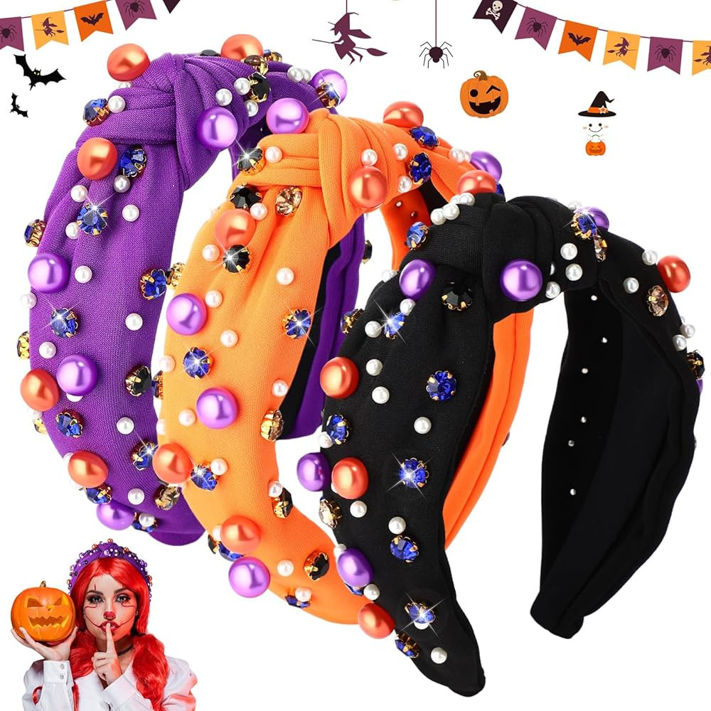 Hoteam 3 Pcs Halloween Headband for Women Crystal Pearl Knotted Headbands Embellished Wide Top Kn... | Amazon (US)