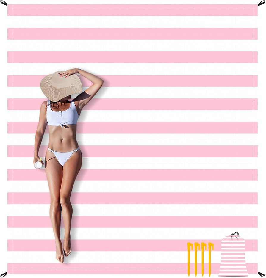 BEW Pink Stripe Beach Blanket Sandproof Waterproof, Extra Large 78''×86'' Beach Mat for 1-4 Adul... | Amazon (US)