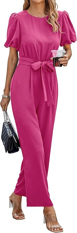 PRETTYGARDEN Jumpsuits for Women Dressy Summer Short Puff Sleeve Wide Leg Pants Romper Belted Cas... | Amazon (US)