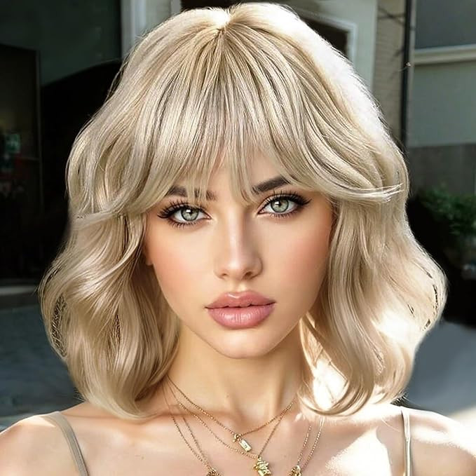 Blonde Wig with Bangs for Women Short Bob Wavy Wigs Shoulder Length Synthetic Wig for Halloween G... | Amazon (US)