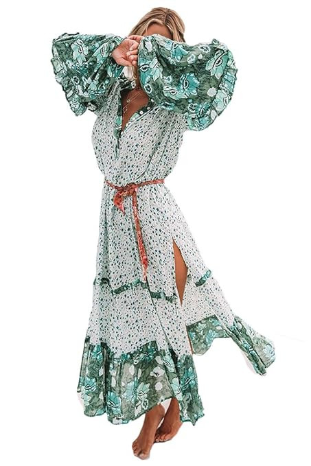 Women Floral Print Long Sleeve Boho Dress Ladies V Neck Split Evening Party Long Maxi Dresses | Amazon (US)
