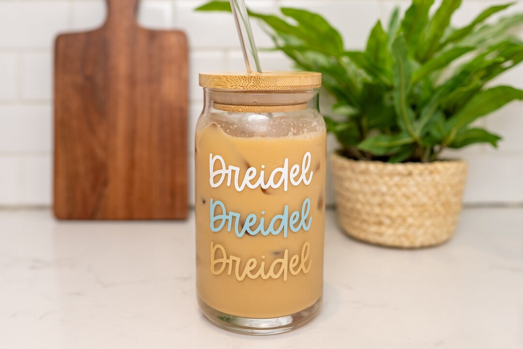 Dreidel Hanukkah Glass Cup, Iced Coffee Cup With Lid & Straw, Menorah Beer Can Glass, Chanukah Mu... | Etsy (US)