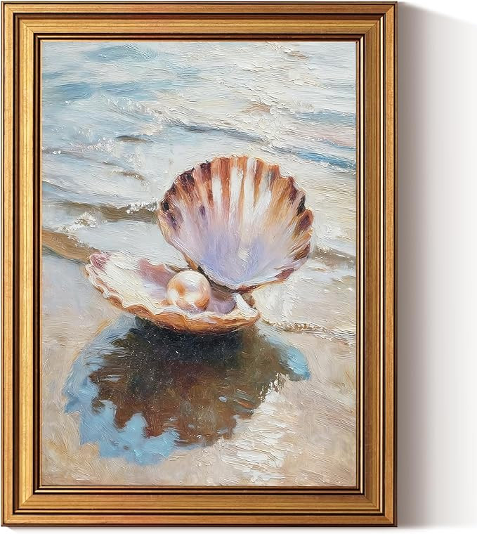 InSimSea Gold Framed Vintage Seashell Pearl Wall Art for Living Room, 3D Textured Coastal Paintin... | Amazon (US)