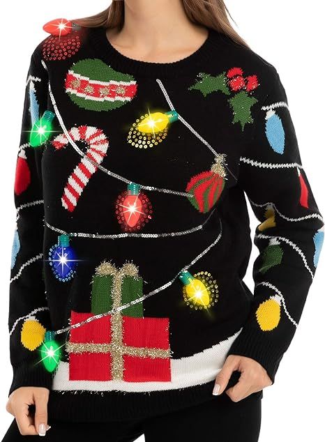 JOYIN Womens LED Light Up String Light Ugly Christmas Sweater Built-in Light Bulbs (Large, Black) | Amazon (US)