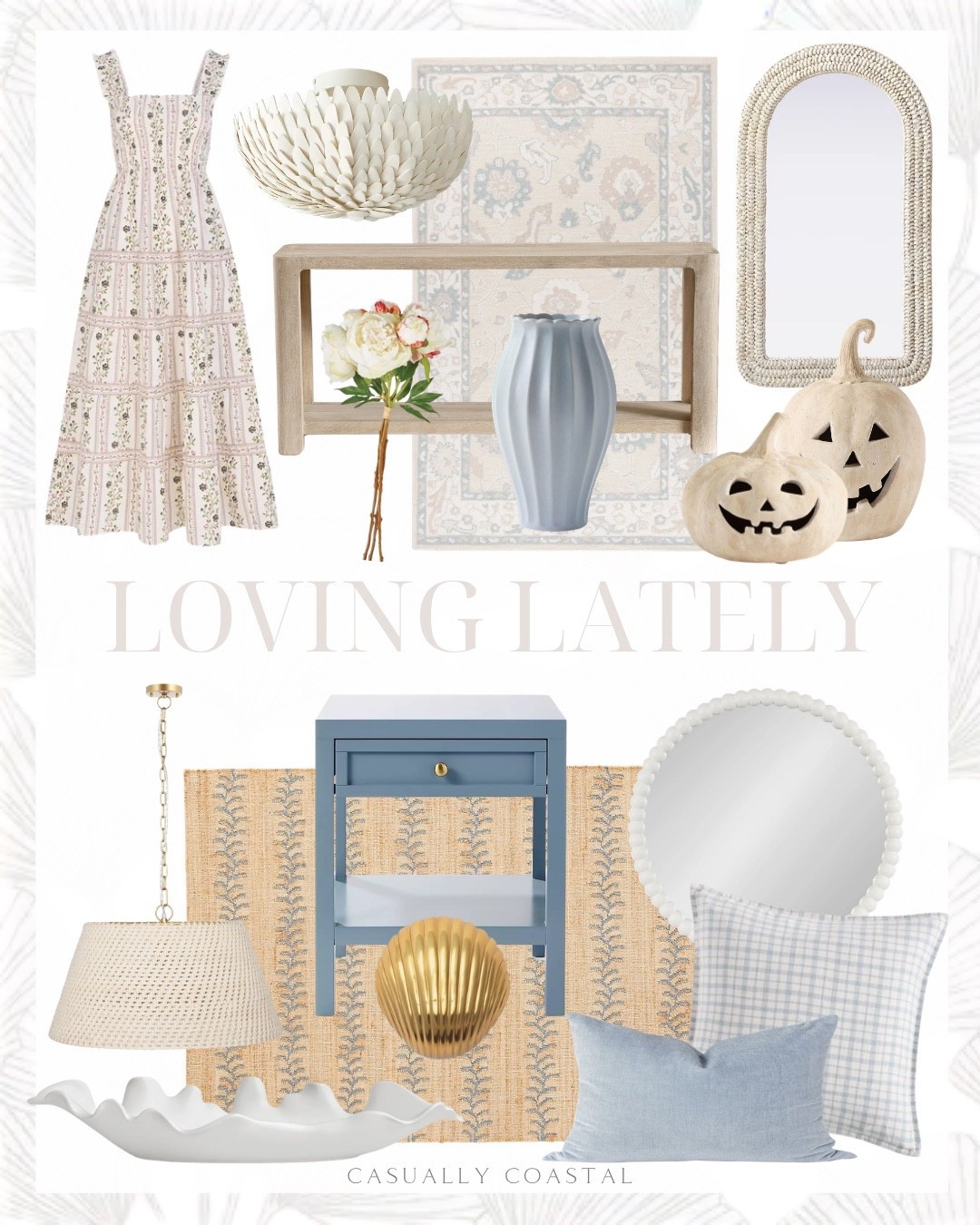 Loving Lately 

Coastal home decor, coastal style, fall home decor, Serena & lily nightstand, blue nightstand, Anthropologie rug, jute rug, coastal rug, 5x8 rug, round beaded bathroom mirror, wayfair mirror, plaid cotton pillow cover, Etsy pillow cover, corn husk mirror, coastal mirror, wayfair rug, wool pile oriental rug, terracotta jack o’lantern, console table, Hill House Nap dress, coastal dress, maxi dress, flush mount, coastal lighting, white leaves ceiling light, tapered drum woven pendant, coastal ceramic decorative bowl, coastal vase, cream peony faux stems

#LTKHome #LTKSeasonal