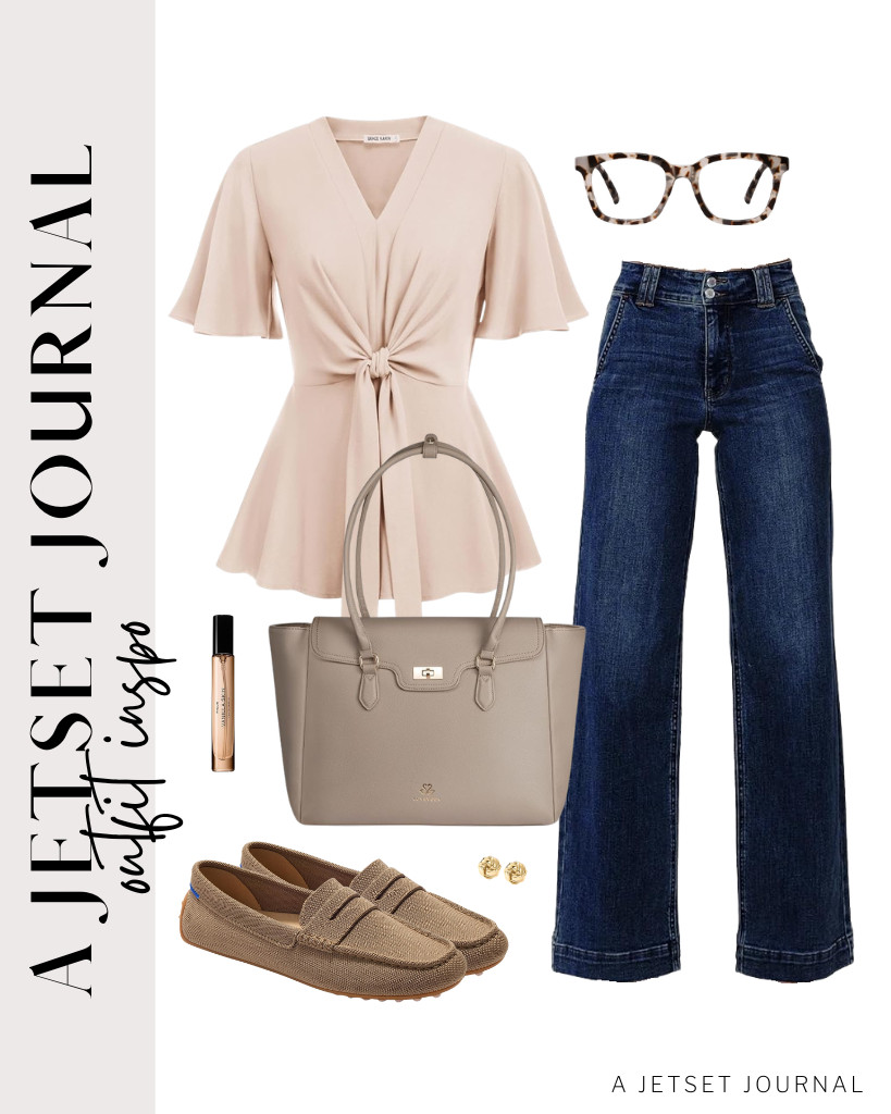 GRACE KARIN’s light khaki peplum blouse goes well with Astylish high-waisted jeans. You can wear these Rothy’s slip-on loafers and pair them with a LOVEVOOK laptop bag for this outfit. Add these blue light-blocking glasses to finish this fit. 

 #LTKSeasonal #LTKSaleAlert #LTKTravel