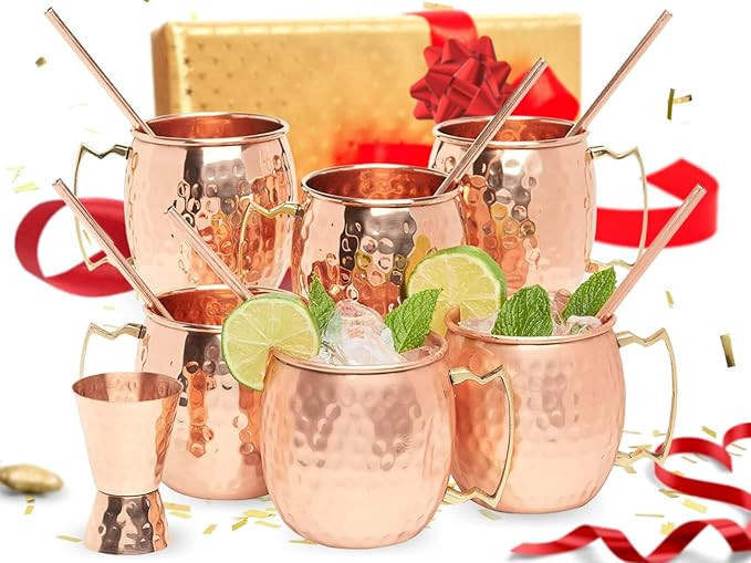 [Gift Set] Moscow Mule Copper Mugs Set of 6 (16oz) w/Straws & Jigger | 100% Pure Copper Cups, Tar... | Amazon (US)