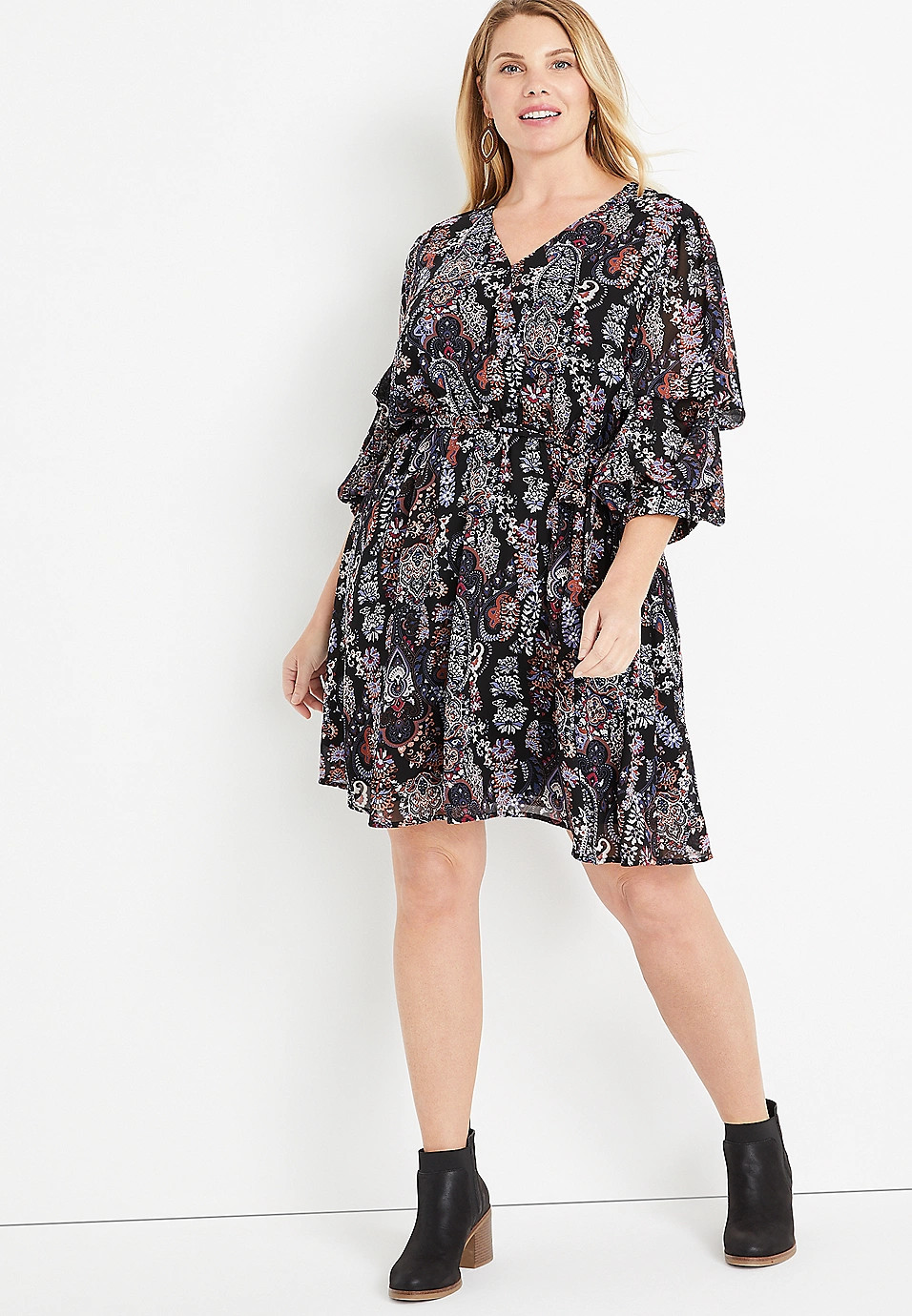 Plus Size Black Paisley Puff Sleeve Mini Dress | Maurices