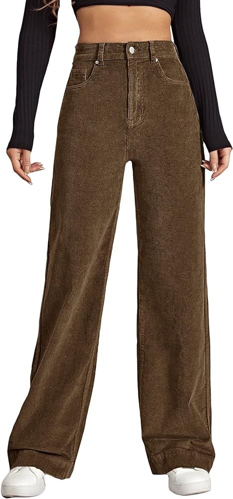 Floerns Women's High Waist Corduroy Pants Wide Leg Workout Trousers with Pocket | Amazon (US)