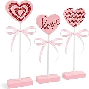 3 Pieces Valentines Day Tiered Tray Decor Set, Wooden Heart Valentines Day Table Decor, Pink Vale... | Amazon (US)
