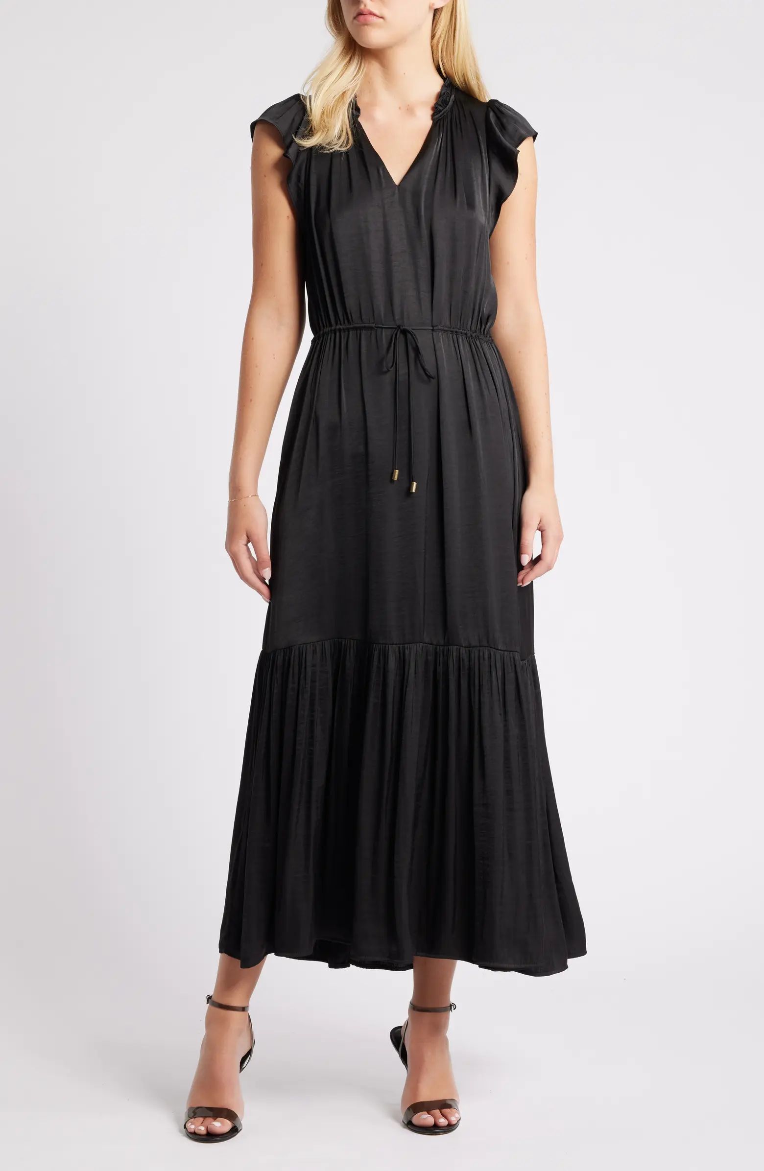 Steve Madden Osiris Tiered Split Neck Cap Sleeve Tie Waist Maxi Dress | Nordstrom | Nordstrom