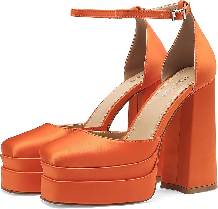 amiuwen Women Platform Pump Sandals,5" Chunky Block Heel,Ankle Strap Buckle,Closed Square Toe,Par... | Amazon (US)