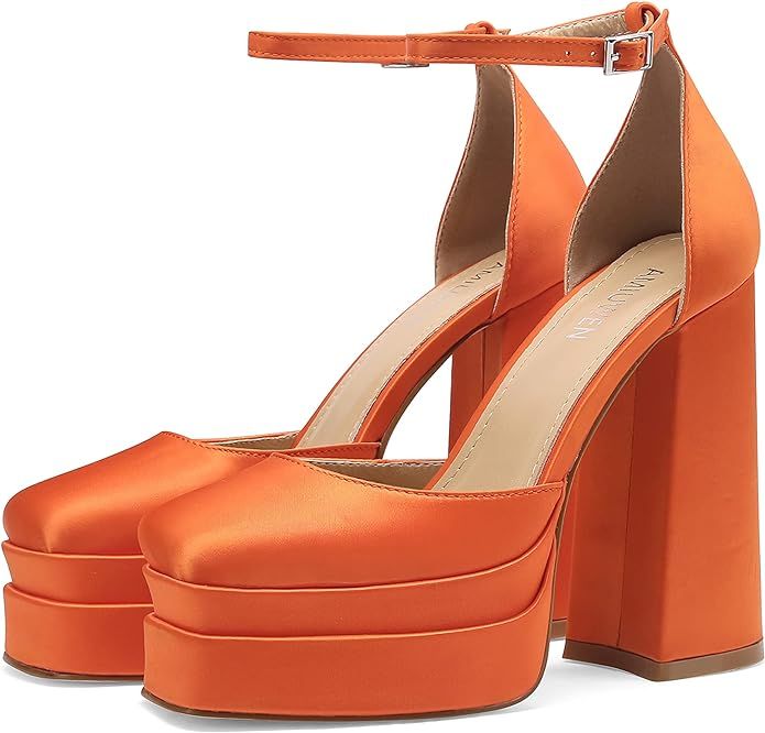 amiuwen Women Platform Pump Sandals,5" Chunky Block Heel,Ankle Strap Buckle,Closed Square Toe,Par... | Amazon (US)