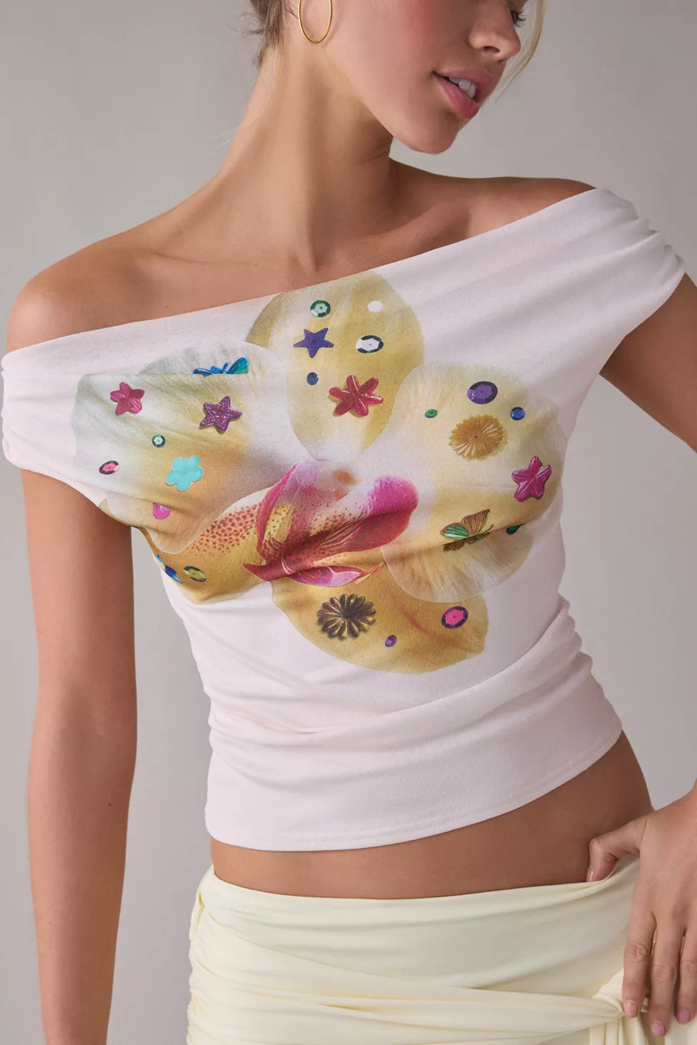 UO Fia Charmed Orchid Graphic Mesh Off-The-Shoulder Crop Top | Urban Outfitters (US and RoW)