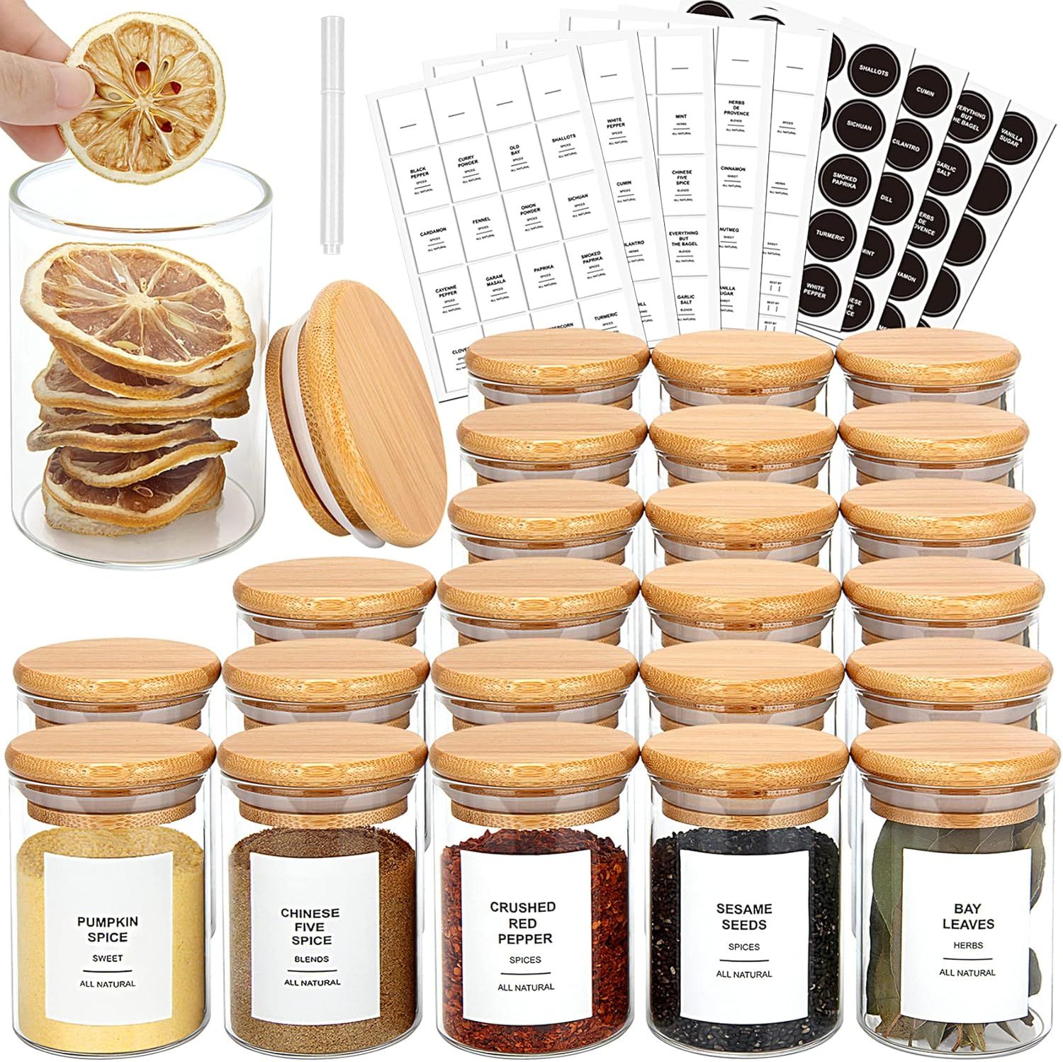 Amazon.com: JuneHeart 24 Pcs Spice Jars with Bamboo Lids, 5.5OZ Glass Spice Jars with 194 Labels,... | Amazon (US)