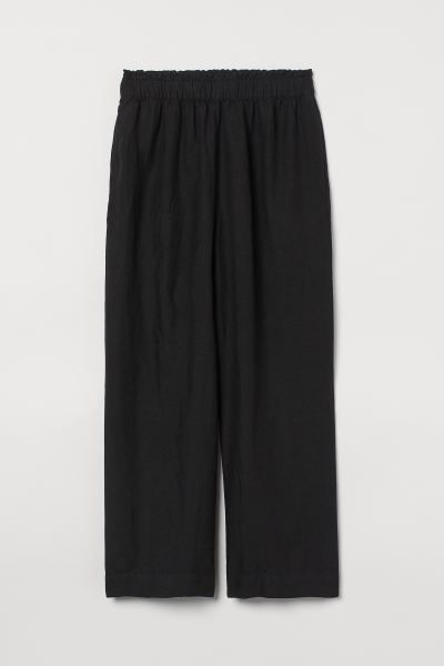 Calf-length pants in airy linen. High waist with ruffle trim at top, covered elastic at waistband... | H&M (US + CA)