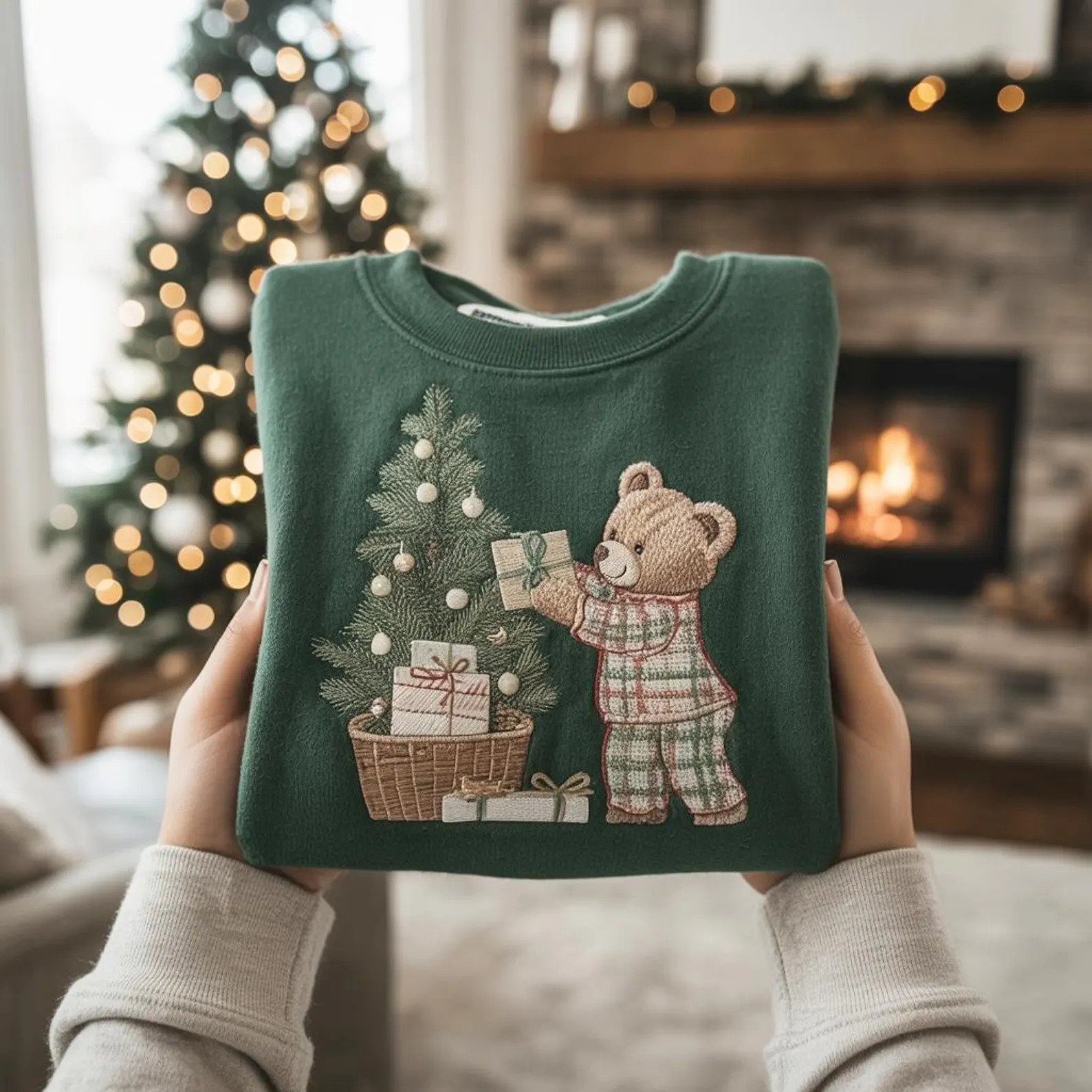 Embroidered Christmas Bear Sweatshirt, Holiday Crewneck, Forest Green - Etsy | Etsy (US)
