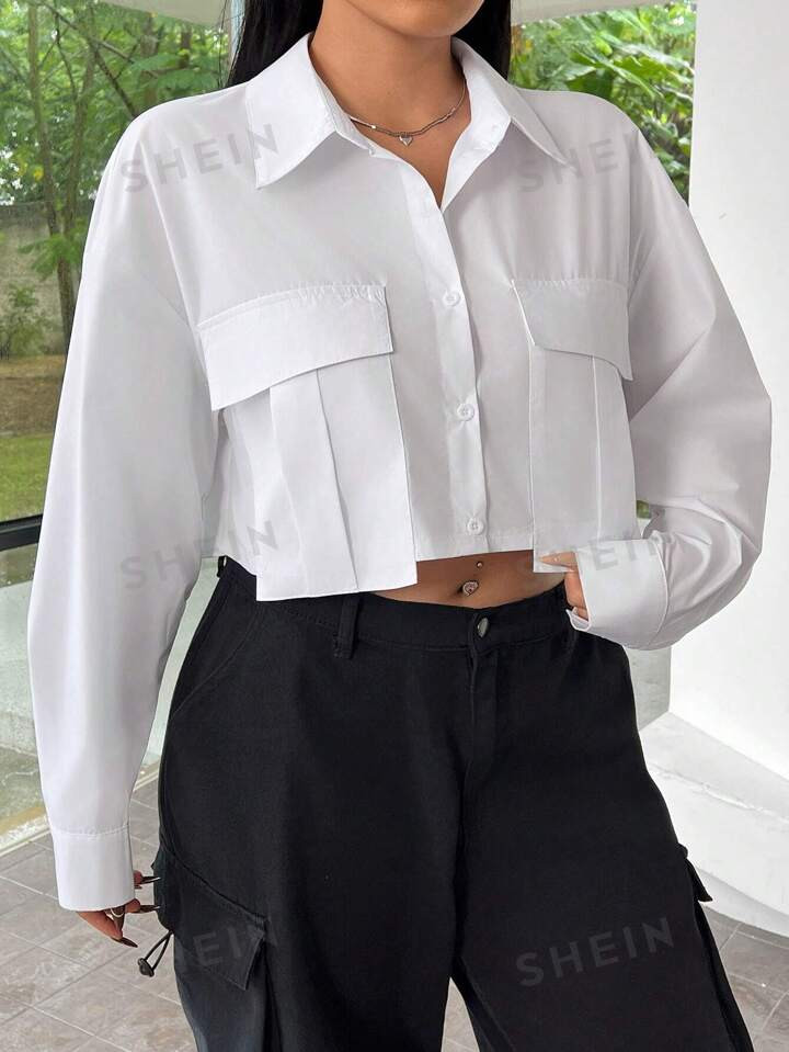 SHEIN EZwear Plus Size Ladies' Loose Fit Workwear Shirt With Pockets And Drop Shoulder | SHEIN
