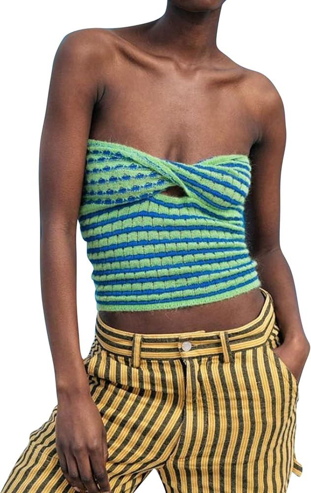 Meladyan Women Twist Front Striped Cutout Knitted Crop Tube Top Bandage Strapless Sleeveless Band... | Amazon (US)