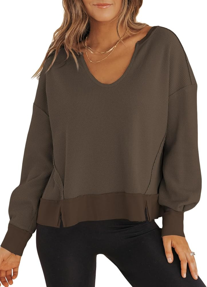 Dokotoo Womens Fall Clothes 2024 Long Sleeve Shirts Waffle Knit Tops Trendy V Neck Casual Pullove... | Amazon (US)