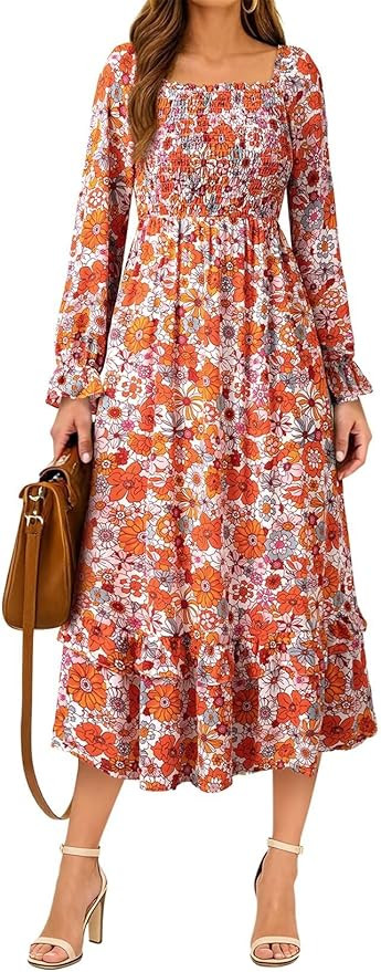 Dokotoo Boho Dresses for Women 2025 Casual Floral Square Neck Long Sleeve Smocked Elastic Waist T... | Amazon (US)