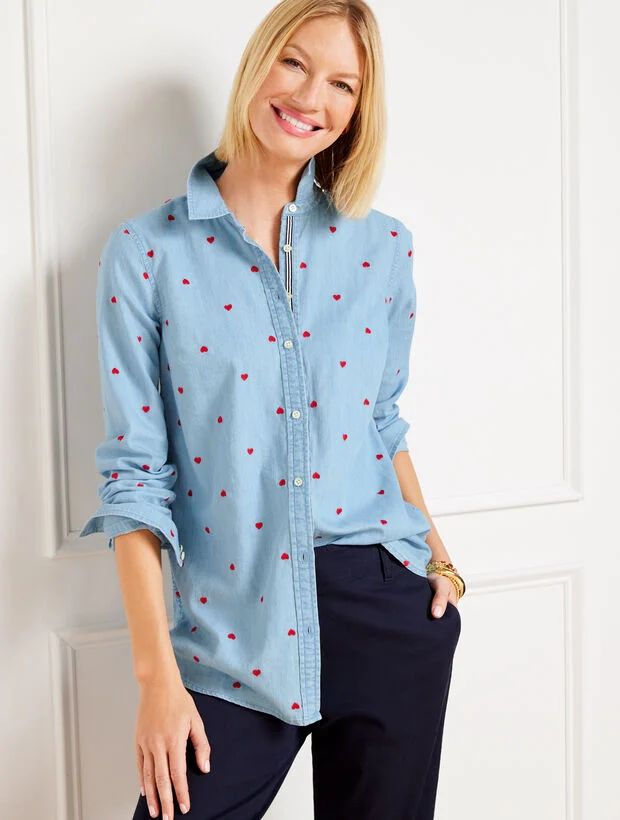 Denim Button Front Shirt - Embroidered Hearts | Talbots