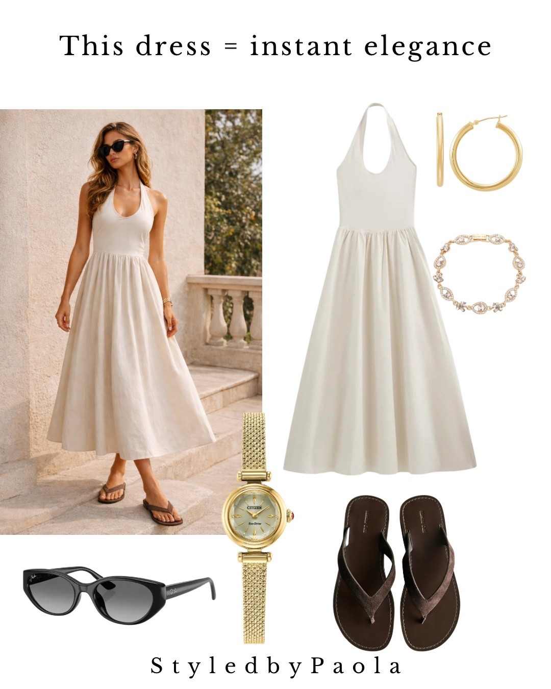 The kind of dress that does everything for you 🤍 This ivory halter midi is the definition of effortless elegance—clean lines, flattering fit, and that soft, elevated neutral that always looks expensive. Styled with gold jewelry, minimal sandals, and sleek sunglasses for a timeless rich minimalism look you can wear on repeat all summer.

Perfect for brunch, vacation, or those “I want to look put together without trying” days.

#LTKSeasonal #LTKootd #LTKU