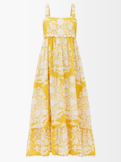 Juliet Dunn - Tie-back Printed Cotton Midi Dress - Womens - Yellow Print | Matches (US)