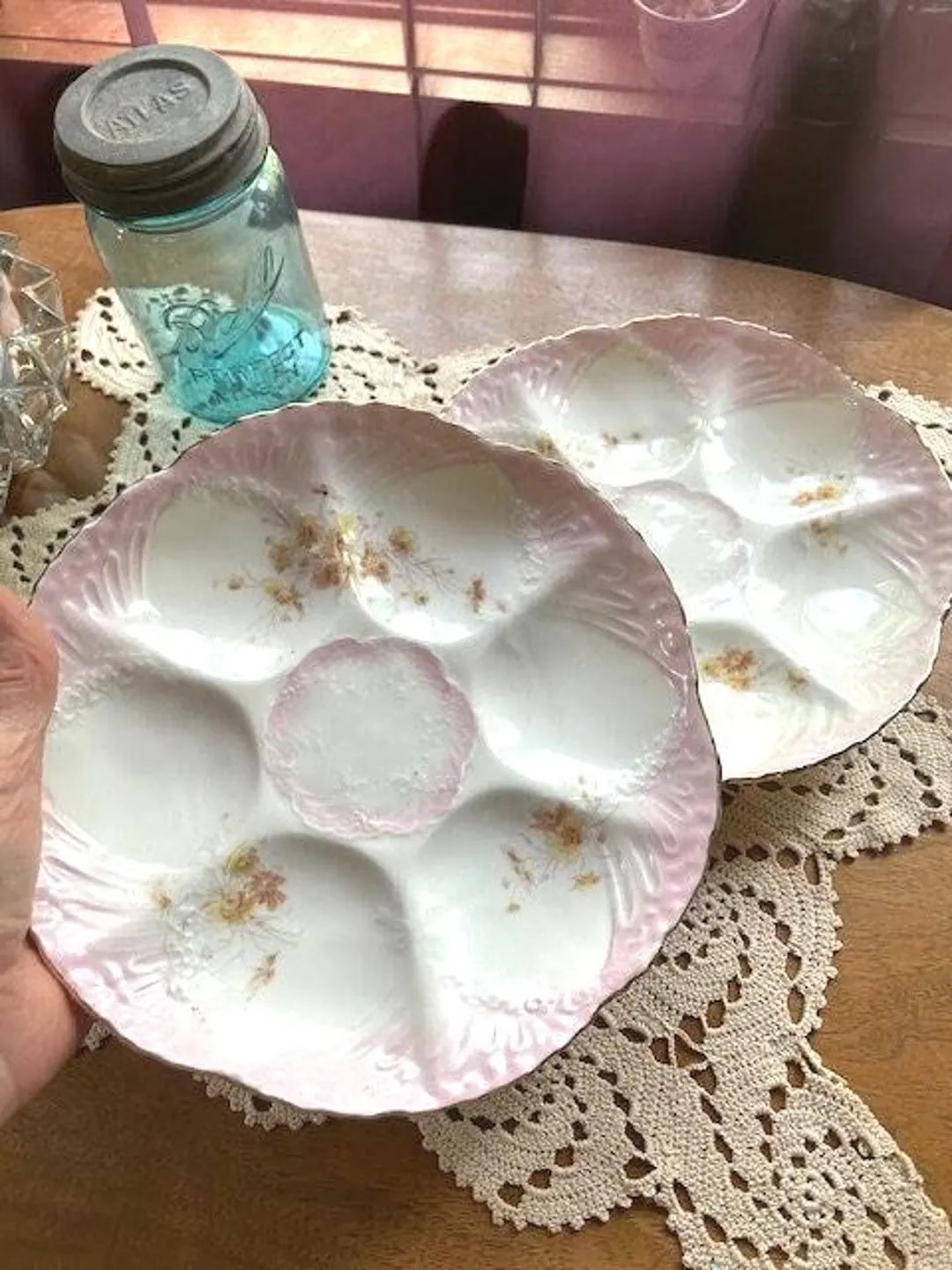 Vintage Oyster Plate Pair 6 Section Weimar German Porcelain Pale Pink Unique Antique - Etsy | Etsy (US)