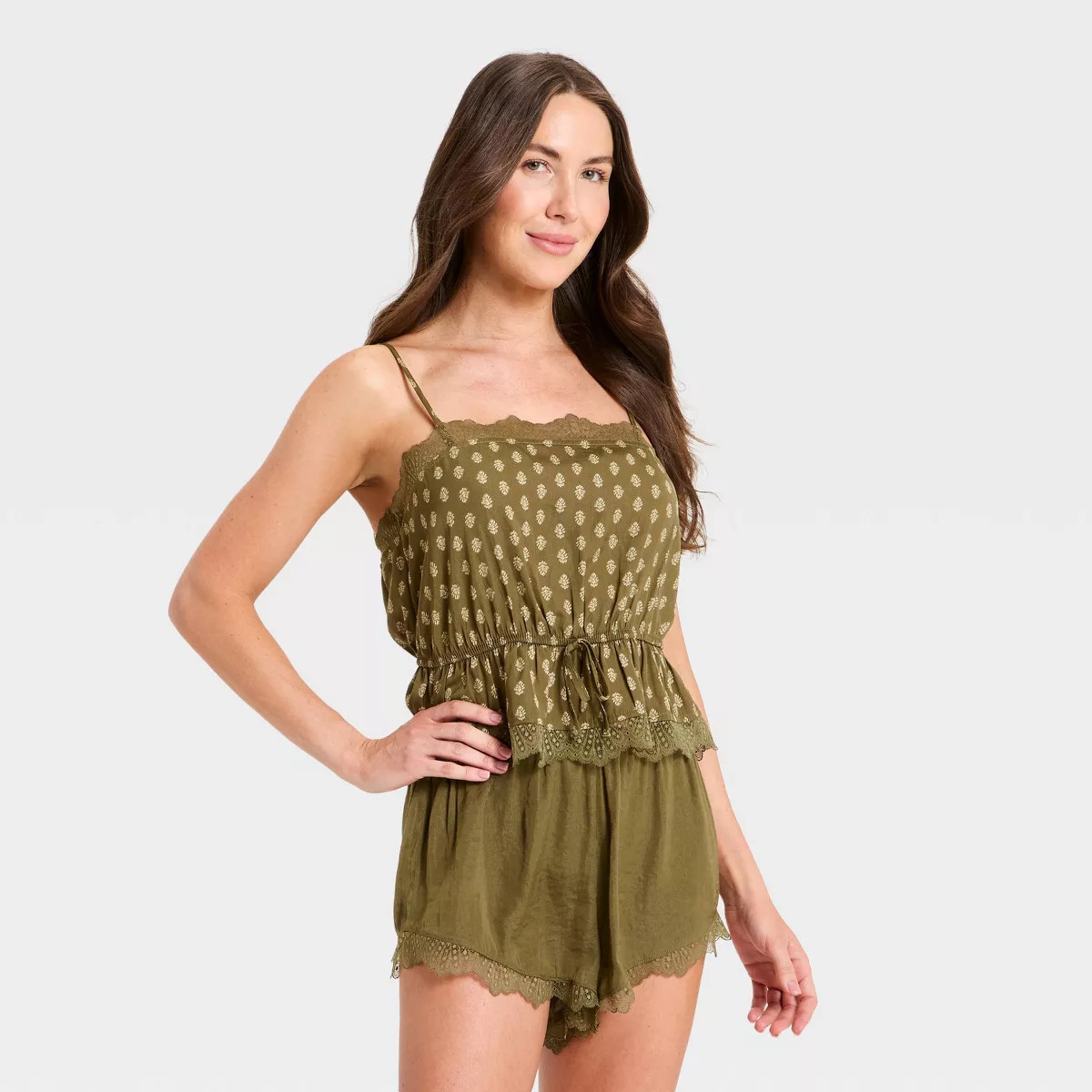Women's Luxury Collection Lace Trim Satin Cami - Auden™ Olive Block Printed XS | Target