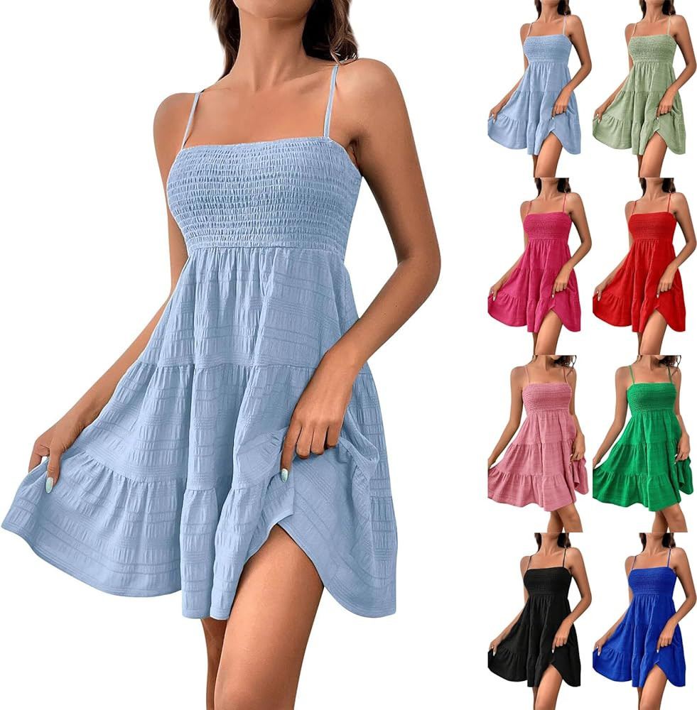 Women Summer Dresses Square Neck Spaghetti Strap Dress Casual Sleeveless Smocked Sundress A Line ... | Amazon (US)