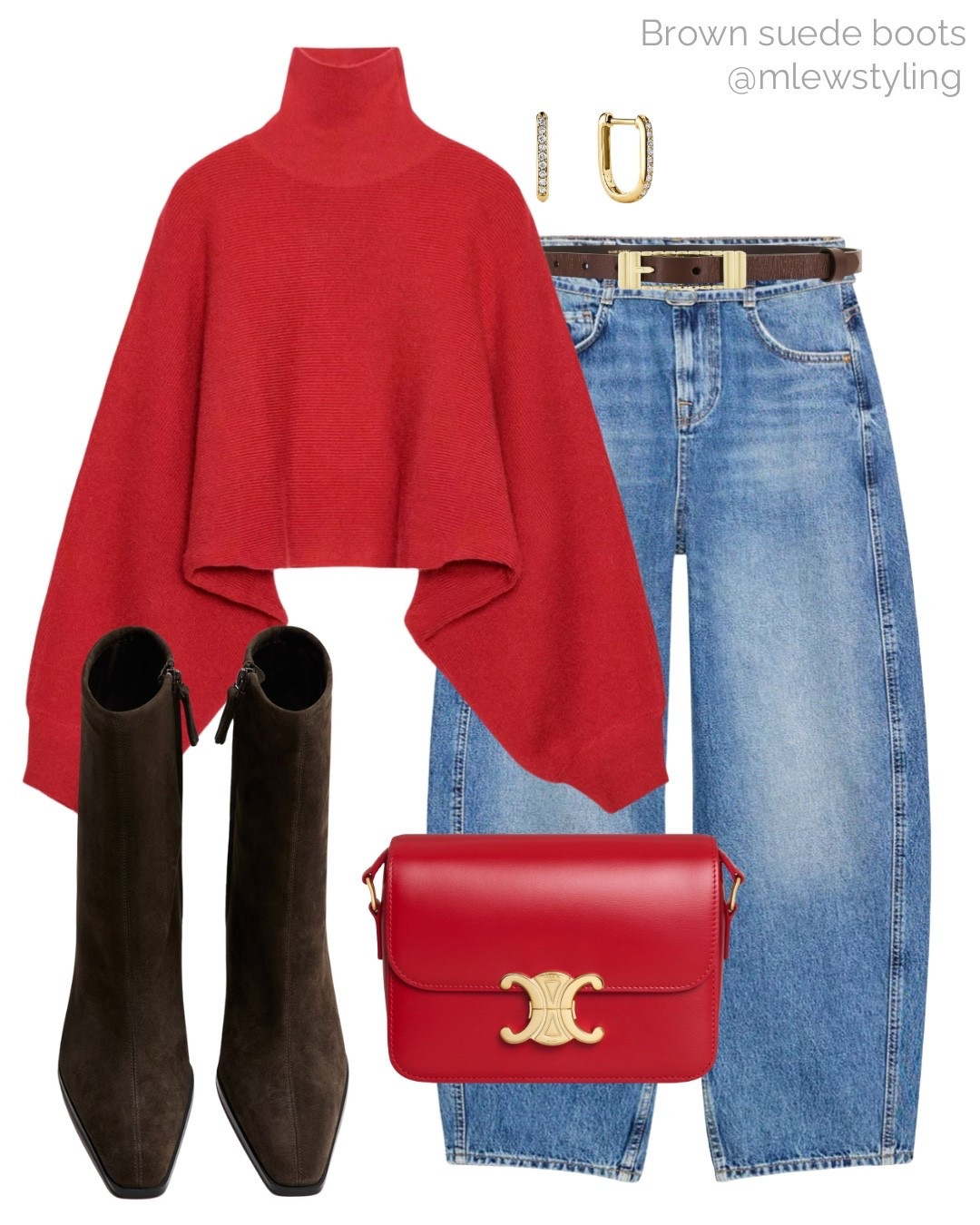 Brown suede boots with a red turtleneck sweater, barrel leg jeans and brown suede boots ♥️🍂

Tags: fall outfit, autumn fashion, new in Zara balloon jeans, red jumper, heeled ankle boots, Celine red leather bag, brown and gold belt, Mejuri u-shaped earrings 

#LTKShoeCrush #LTKStyleTip #LTKSeasonal