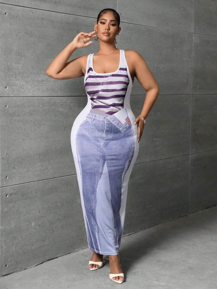 SHEIN SXY Plus Striped Print Tank Dress | SHEIN