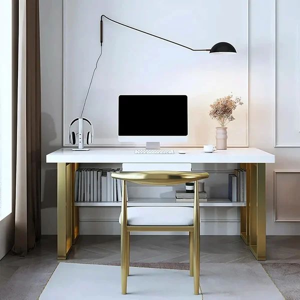 39" Modern White & Gold Rectangular Computer Desk with Drawer & Storage Shelf-Homary | Homary