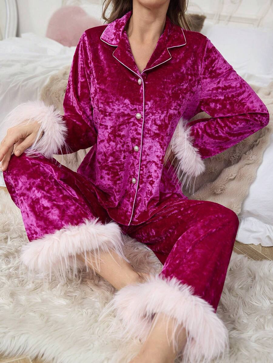 Women's Contrast Trim Button Front Fluffy Patchwork Simple Blouse And Pants Pajama Set | SHEIN