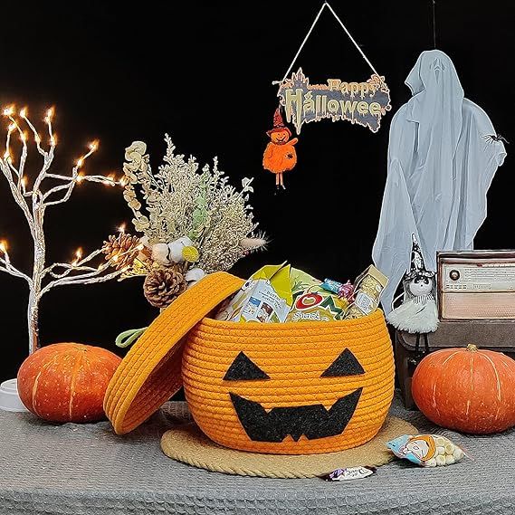 Lixinju Pumpkin Basket with Lid Halloween Storage Basket with Lids Cotton Rope Basket Decorative ... | Amazon (US)