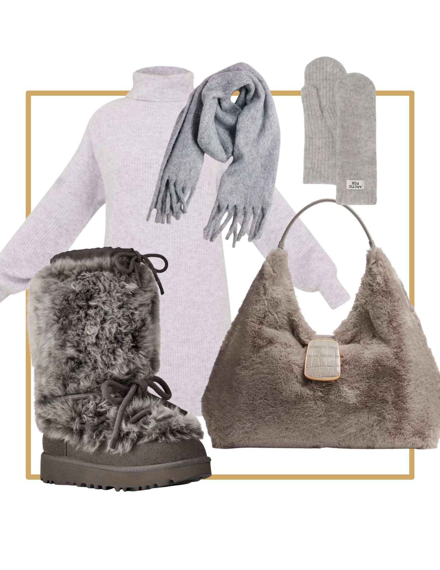 Cozy winter outfit. Grey knit sweater dress. Grey fur winter boots. Grey scarf. Grey gloves. Grey fur purse bag.

#LTKShoeCrush #LTKGiftGuide #LTKItBag