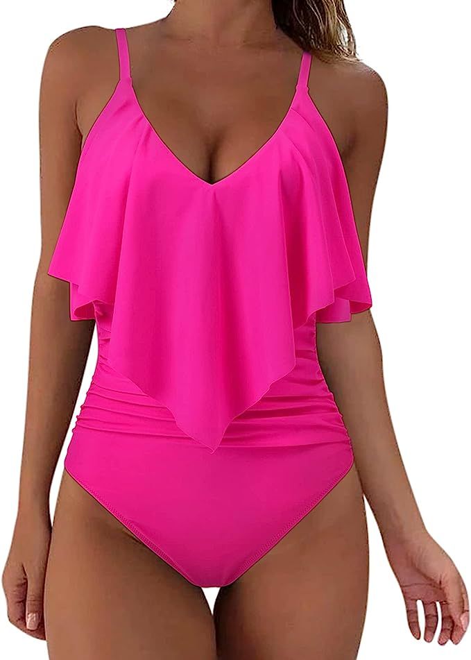 SUUKSESS Women Slimming Ruffle One Piece Swimsuits Ruched Tummy Control Bathing Suits | Amazon (US)