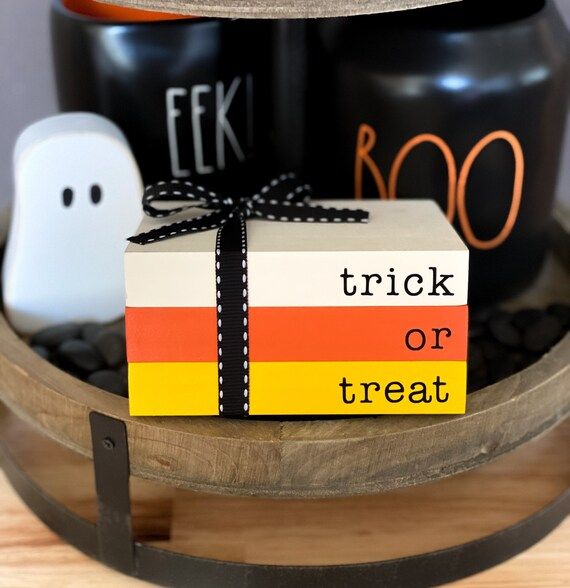 Trick Or Treat Mini Wooden Book Stack | Halloween Decor and Signs | Candy Corn | Tiered Tray Deco... | Etsy (US)